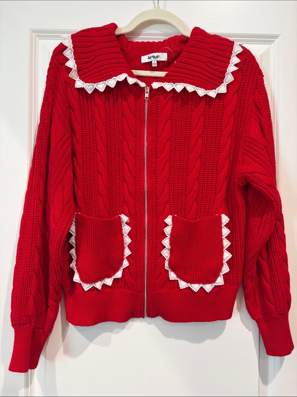 Jacquie The Label Red Cable-Knit Zip Preppy Cardigan with White Trim, S